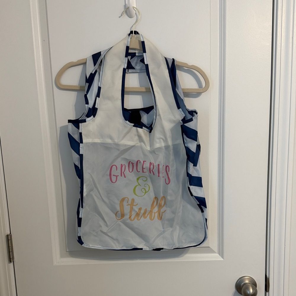 Shutterfly Reusable Grocery Tote Bag Blue White Striped Foldable Shopping Bag